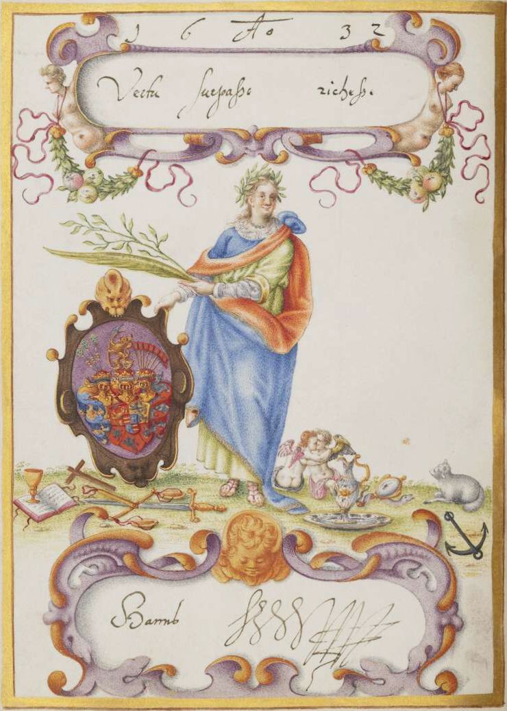 An ornate illustration featuring a woman in blue holding stalks, a detailed coat of arms, cherubic figures, and elaborate floral decorations.