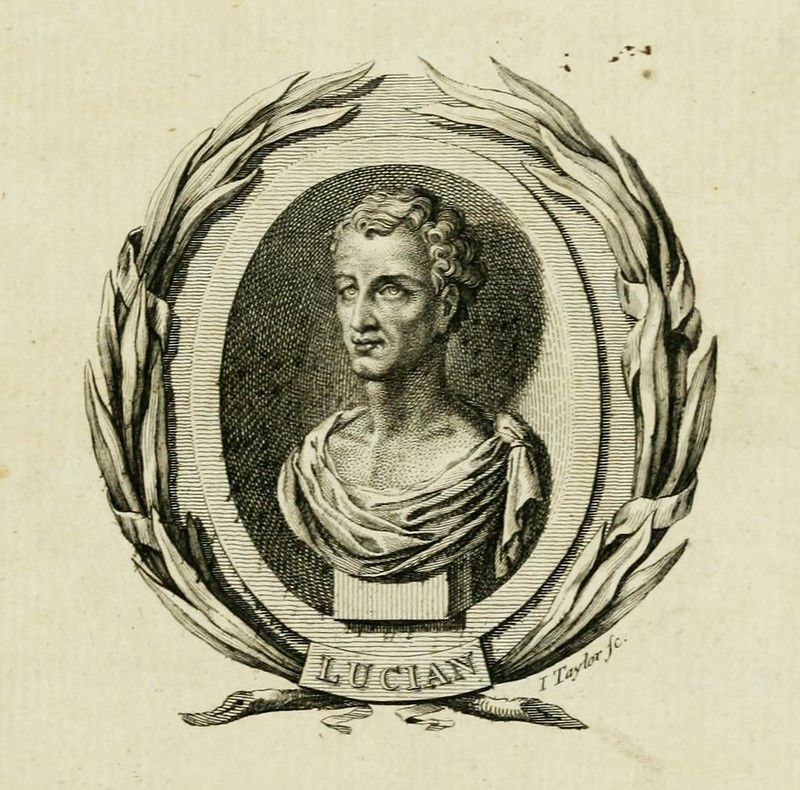 Vintage engraving of a portrait of Lucian, framed by a laurel wreath, with the signature 'T. Taylor sc.' at the bottom right.