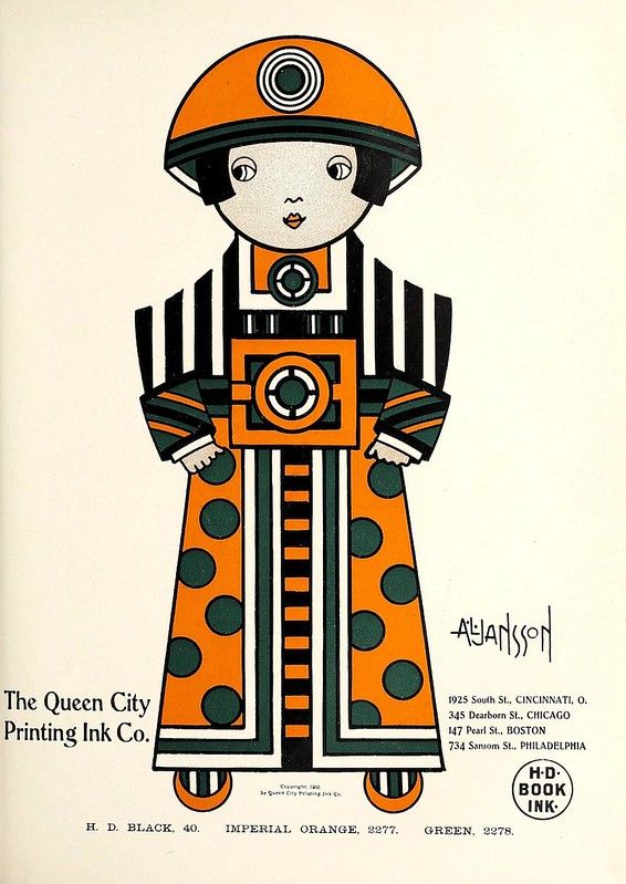 Vintage advertisement featuring a stylized illustration of a person in a striking orange and black outfit.