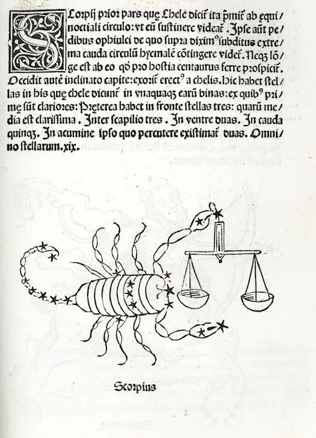 A vintage illustration of the constellation Scorpio with scales and stars.