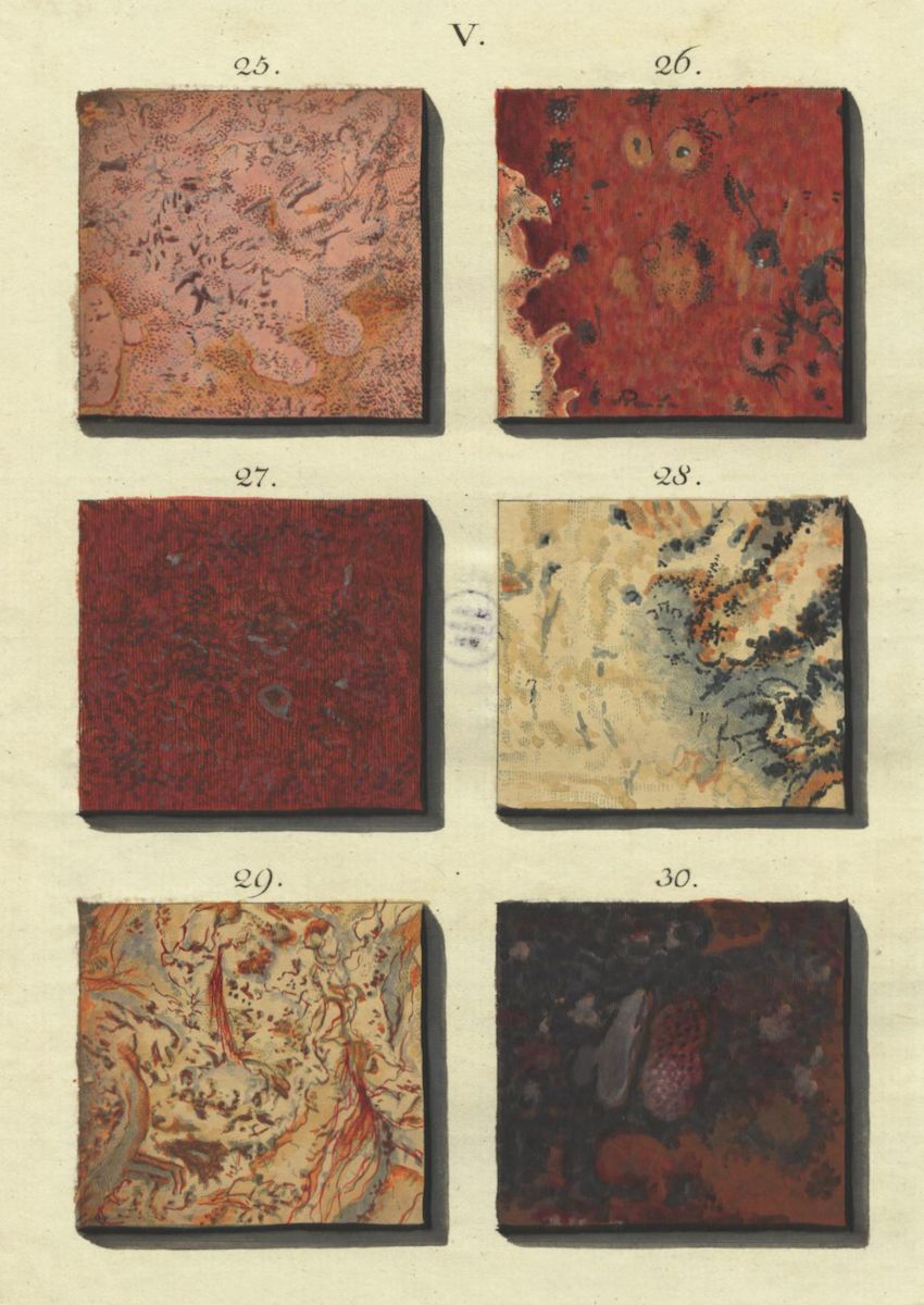 A vintage illustration of six square panels of marbled paper, each with a unique pattern and color scheme.