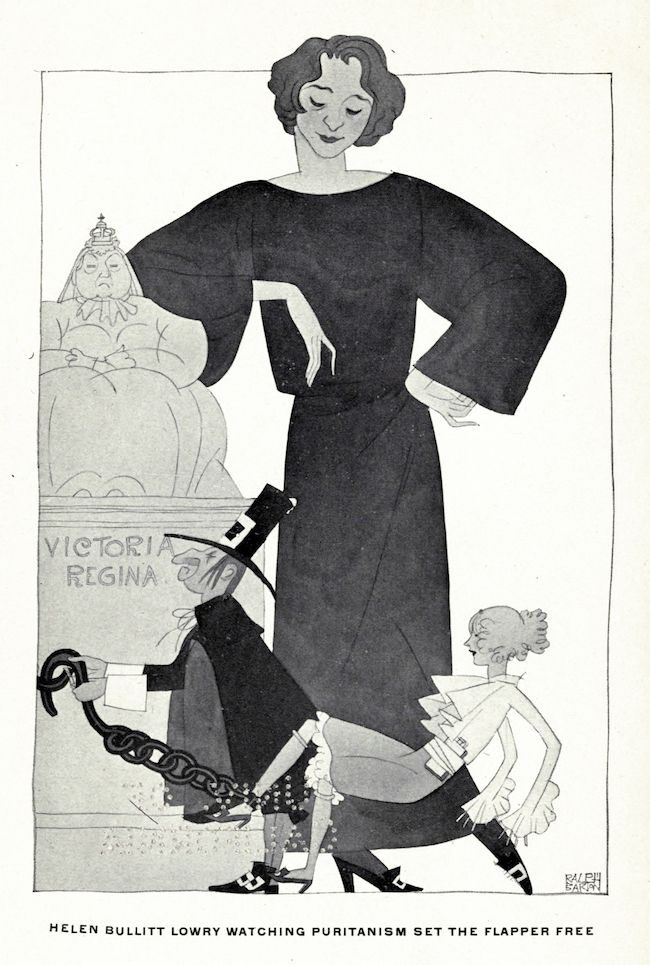 A black and white illustration titled "Helen Bullitt Lowry Watching Puritanism Set the Flapper Free". A tall woman in a black dress watches as a figure representing Puritanism breaks a chain around the ankles of a Flapper.