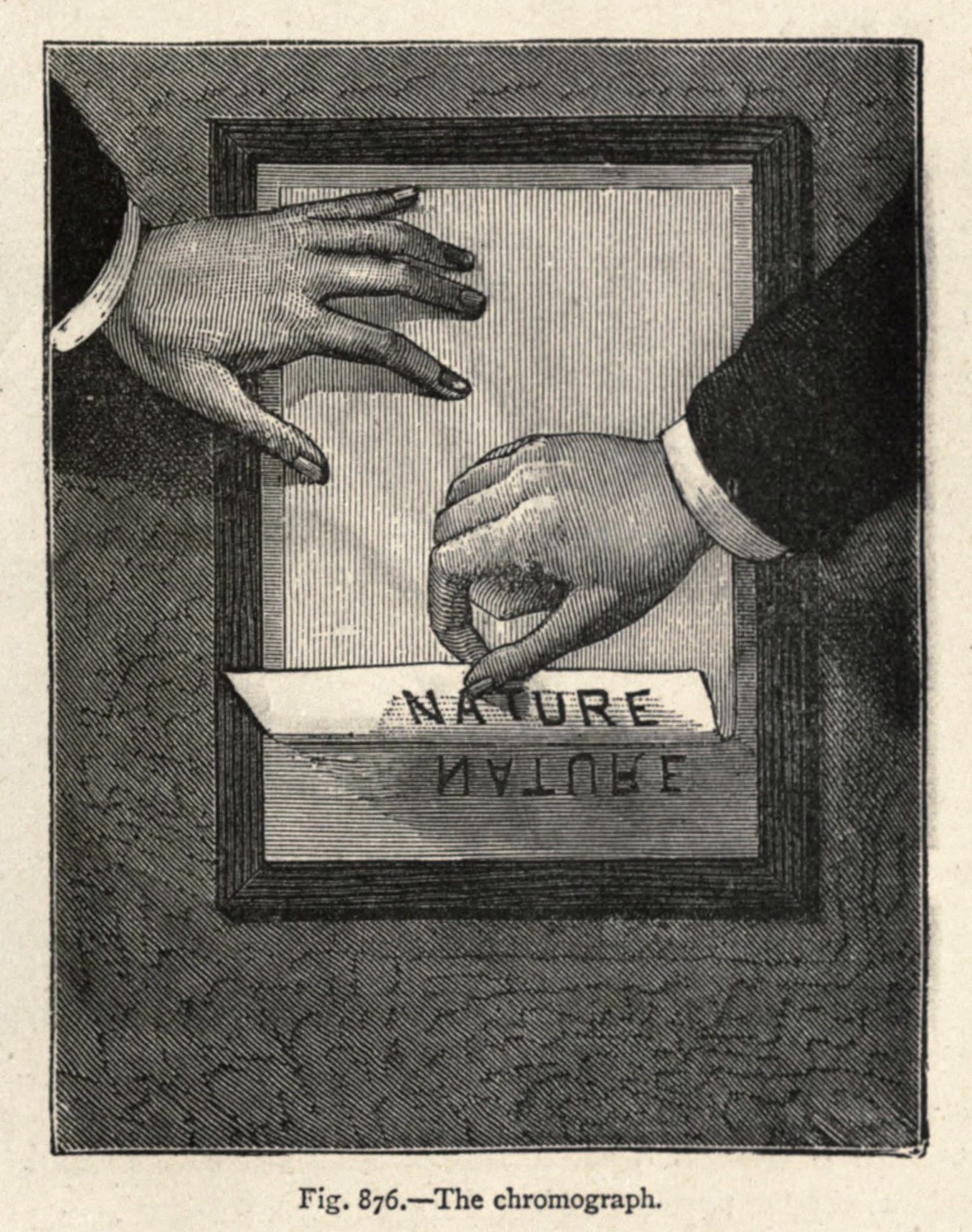 A vintage illustration of two hands reaching towards a square glass panel with the word 'NATURE' written on it, but also mirrored as 'ERUTAN'. The background is filled with dense, parallel lines. The caption reads 'Fig. 876. – The chromograph.'