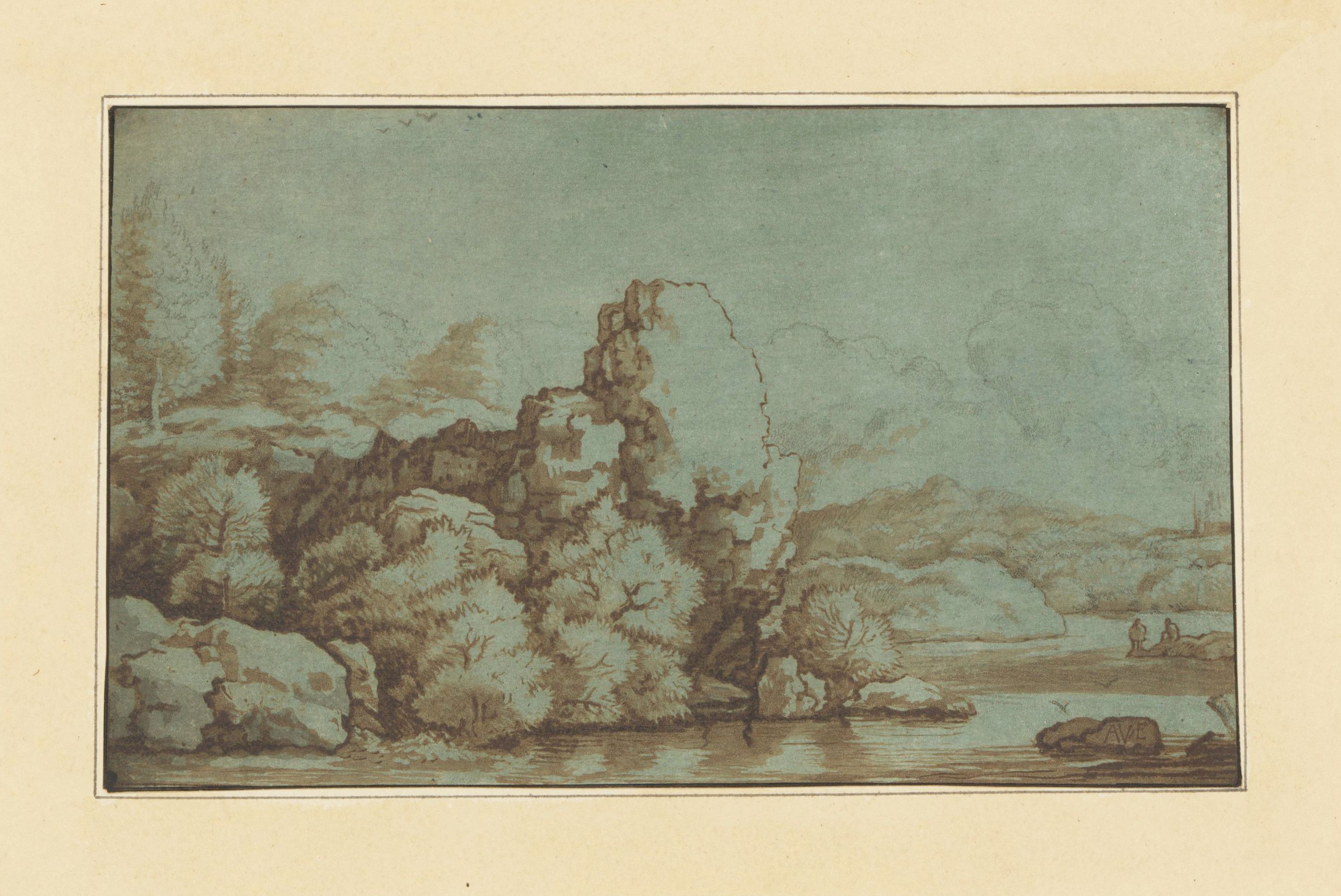 Sepia-toned landscape drawing with rocky terrain, trees, water, and tiny figures of people.