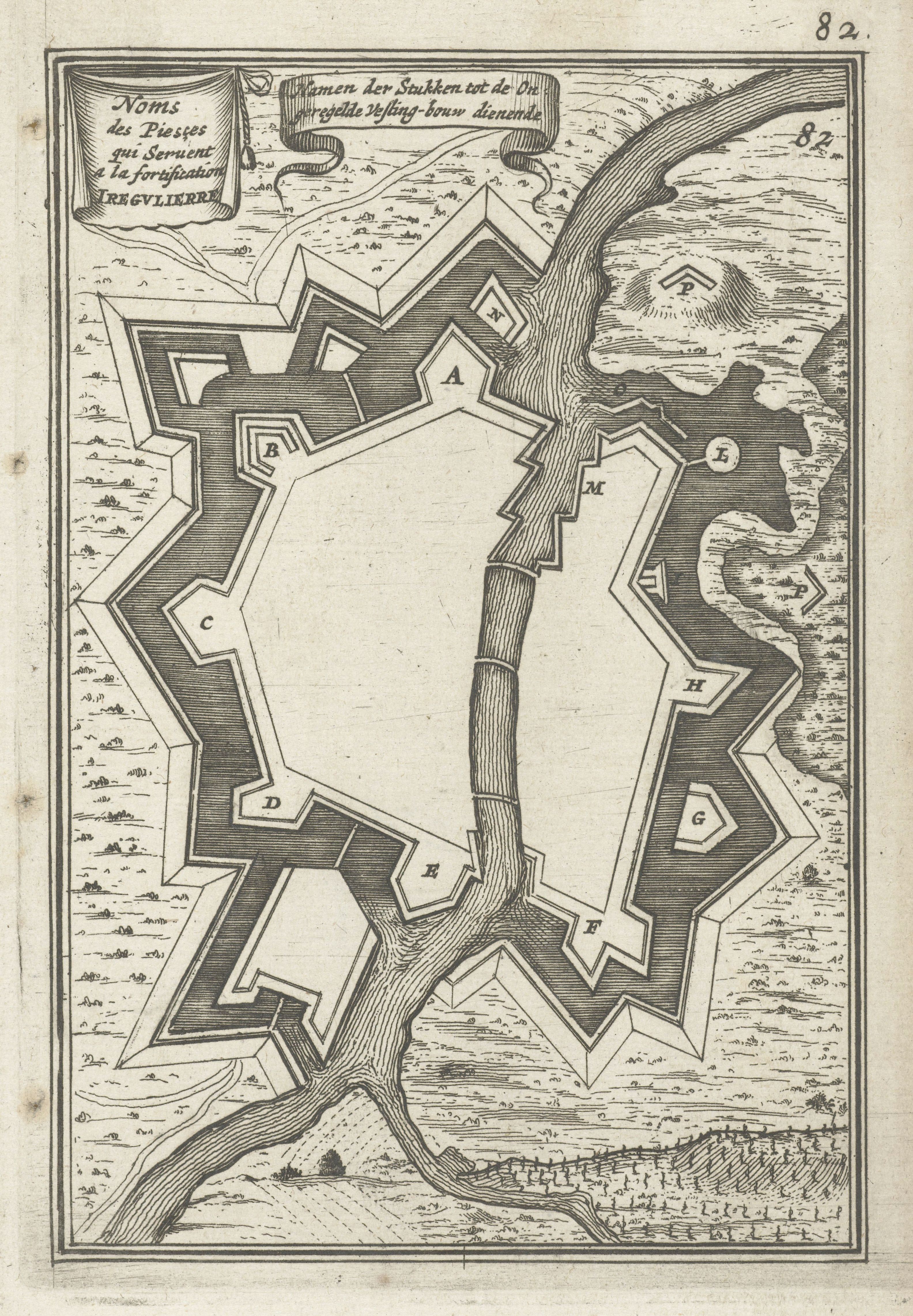 Antique map of a star-shaped fortification surrounded by a river, with letters labeling different parts of the structure.