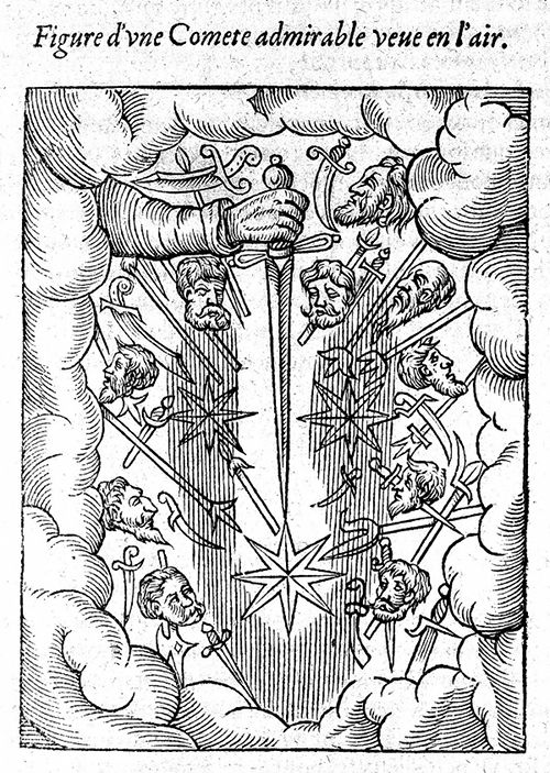 A woodcut illustration of a comet with human faces, swords, and crosses in a cloudy sky.