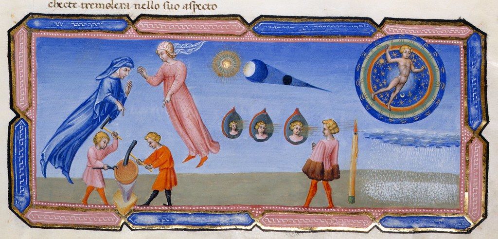 Medieval manuscript illustration depicting a man ascending to heaven, surrounded by angels, musicians, and floating heads, with a celestial scene in the background.
