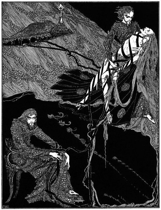 A black and white illustration in a gothic style depicting a winged figure holding a pale woman aloft, while a sorrowful man sits below. The scene is set against a backdrop of a gnarled tree and a cross, with intricate patterns and textures throughout.