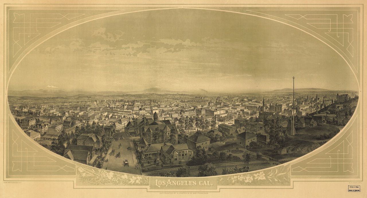 Vintage sepia-toned panoramic view of Los Angeles, California, with buildings, streets, hills, and a cloudy sky.