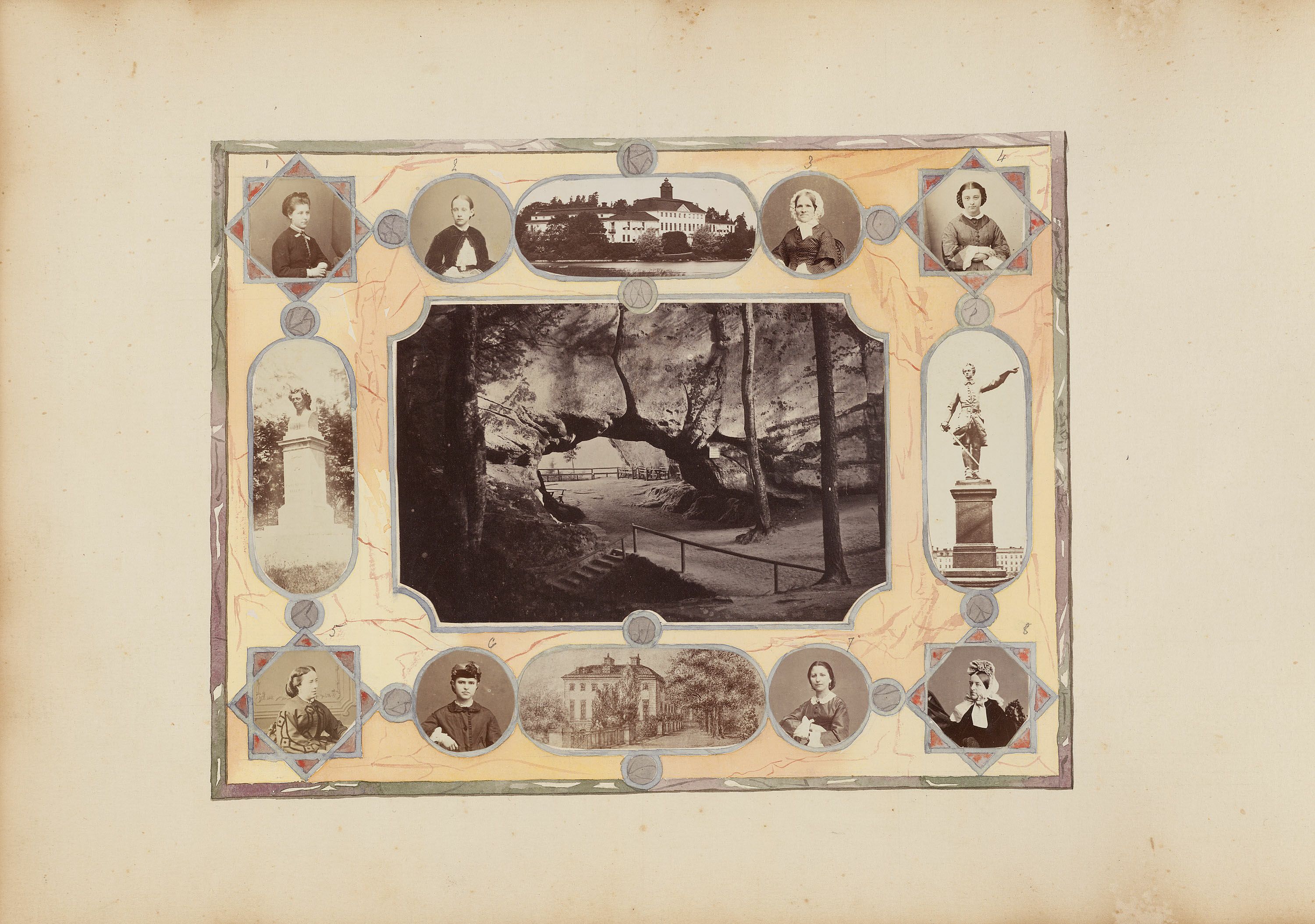 A vintage photograph featuring a central landscape scene surrounded by a decorative border of portraits and smaller images.