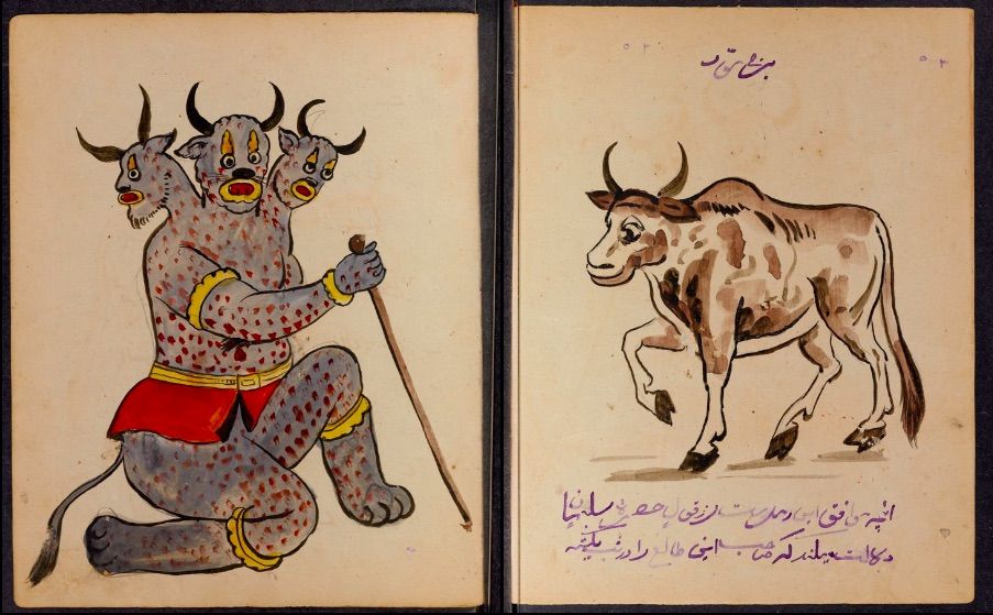 A diptych featuring a two-headed blue creature on the left and a brown cow on the right. Both pages have aged yellow paper and are hand-drawn.