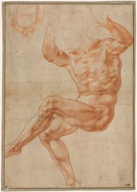 A reddish-brown drawing on a cream-colored background depicting a muscular male figure in a dynamic pose.