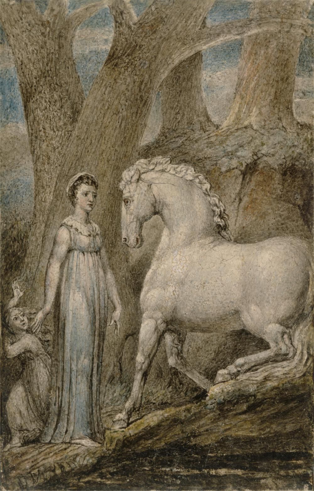 Watercolor and ink drawing of a woman and child standing near a white horse in a forest.