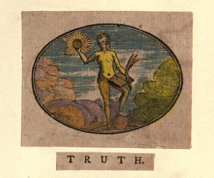An oval illustration of a nude figure holding a mirror towards the sun and a book, with the word 'TRUTH' printed below.