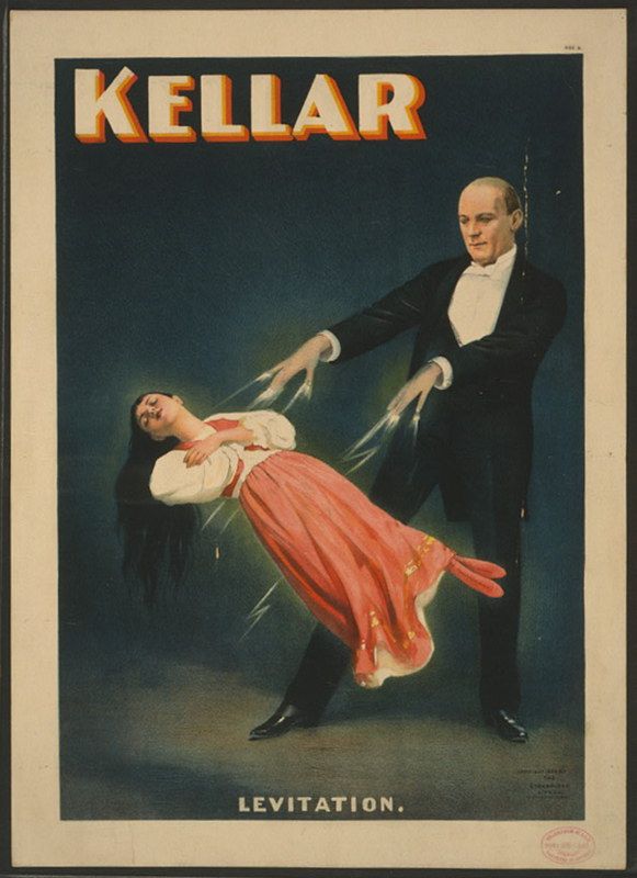 Vintage poster for magician Kellar's levitation act, featuring a woman suspended in mid-air and a man in a suit.