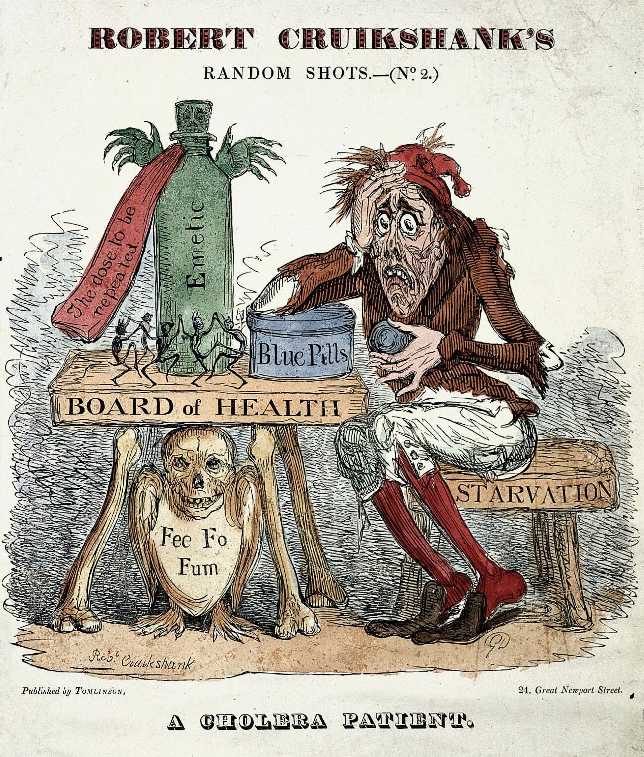 A vintage cartoon titled 'A Cholera Patient' by Robert Cruikshank. The image depicts a gaunt, sickly man being treated by a doctor and a dog.