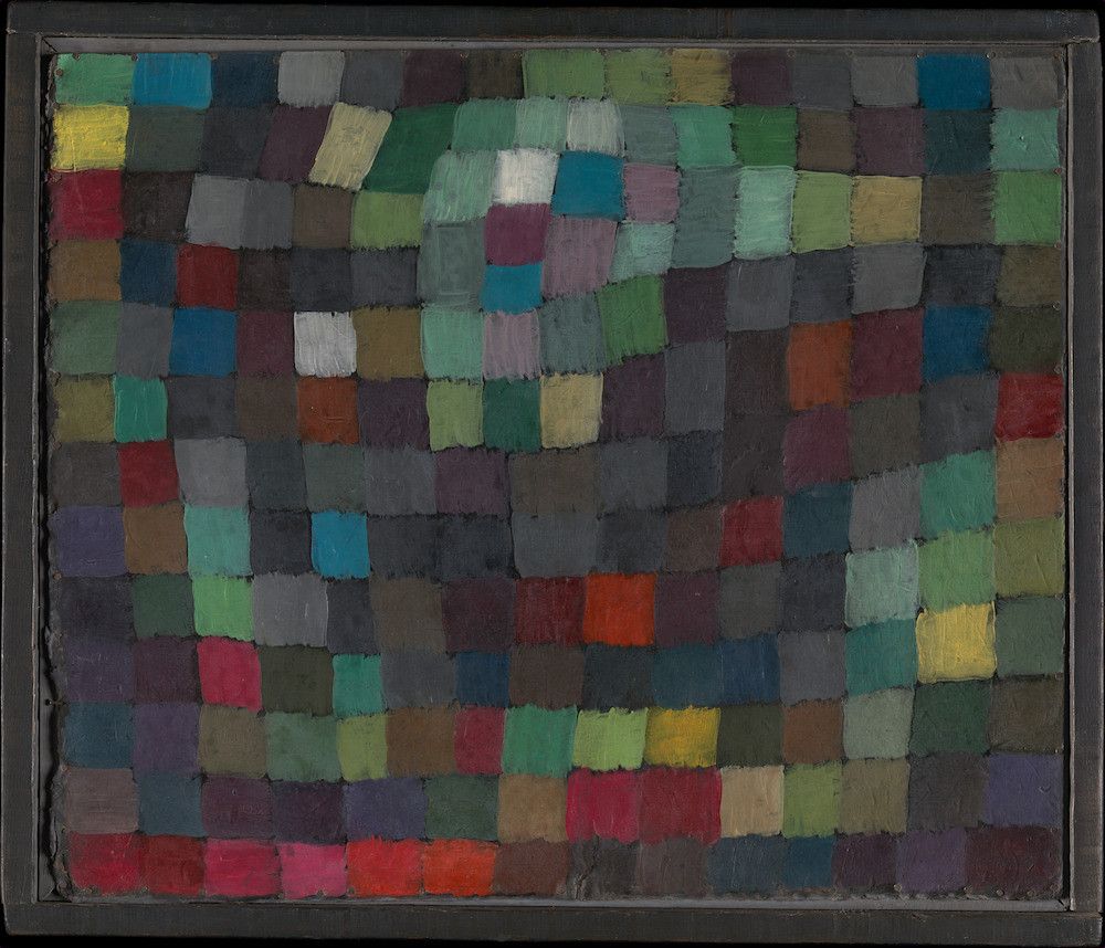 Abstract painting with a grid of colorful rectangles.