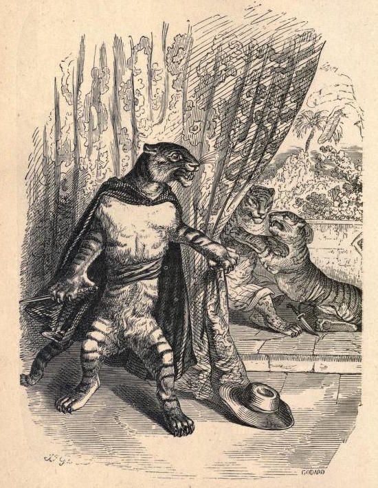 Vintage illustration of a cat-headed figure in Roman attire addressing a lying tiger.