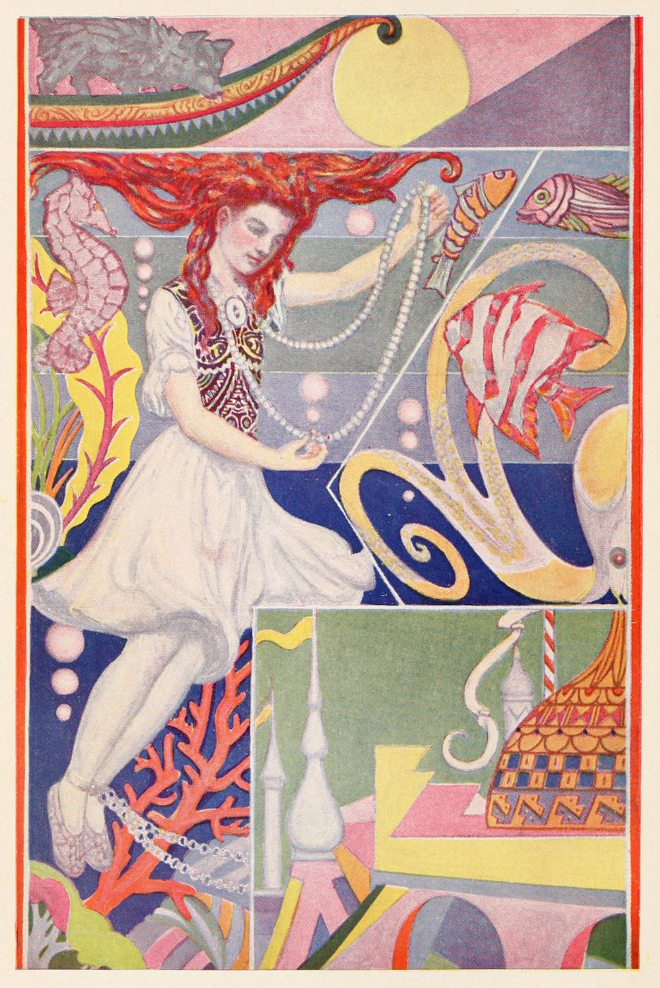 A vibrant illustration of a woman with flowing red hair in a white gown, surrounded by marine motifs and decorative elements.