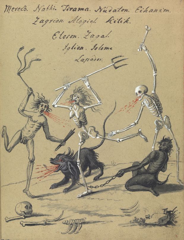 Vintage illustration of a chaotic scene with skeletal figures and demonic creatures engaged in a frenzied dance or ritual.