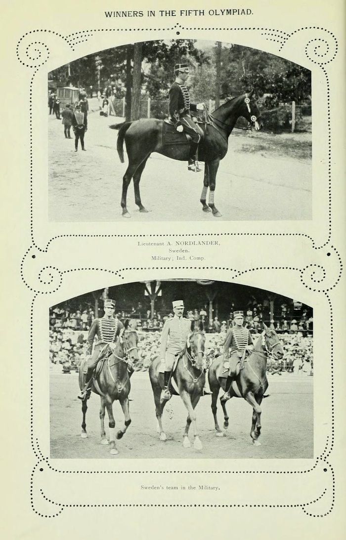 Vintage black and white photograph of equestrian competitors from the Fifth Olympiad.