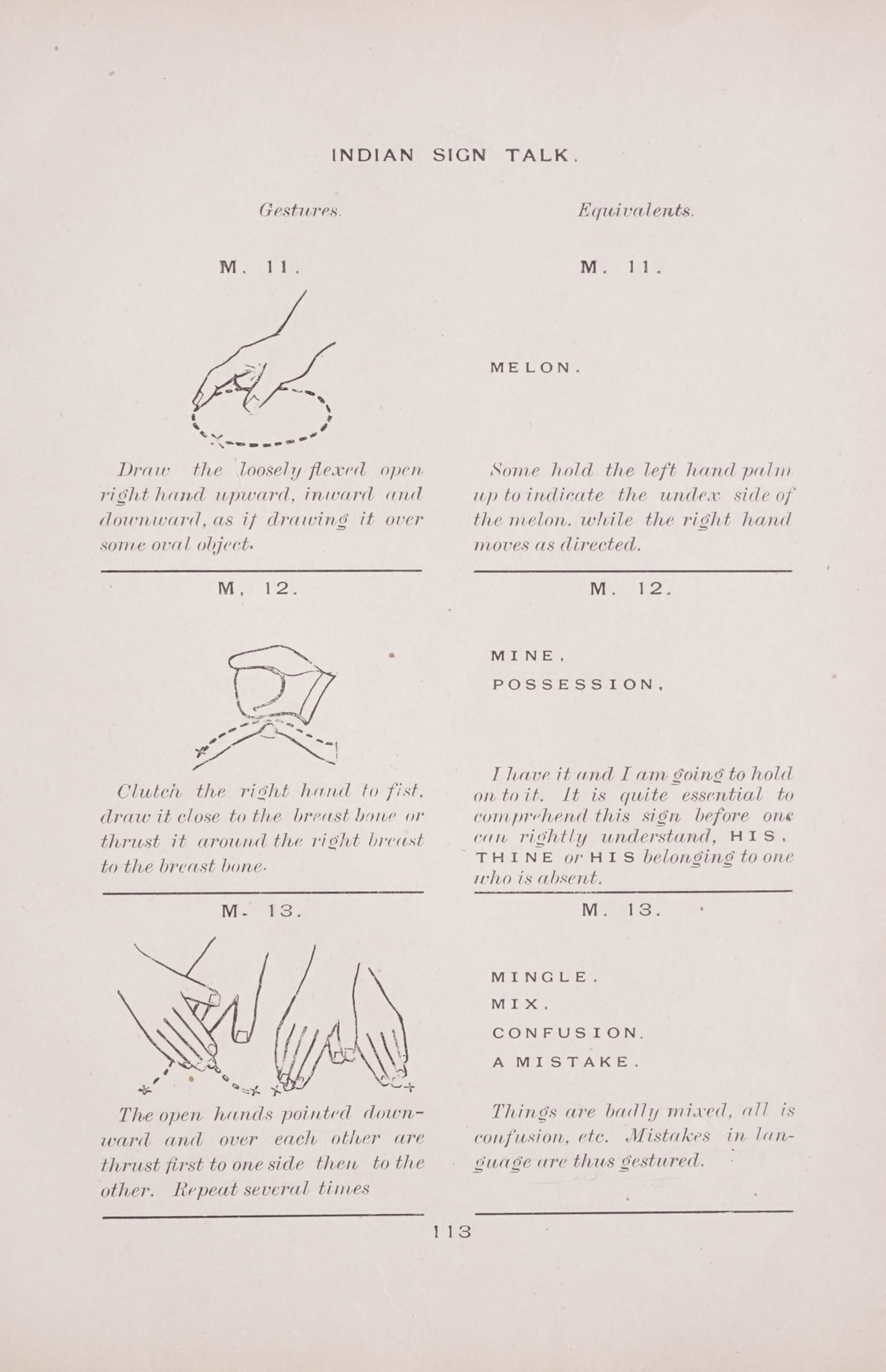 A page from a manual on Indian Sign Talk, featuring diagrams and text explaining hand gestures and their meanings.