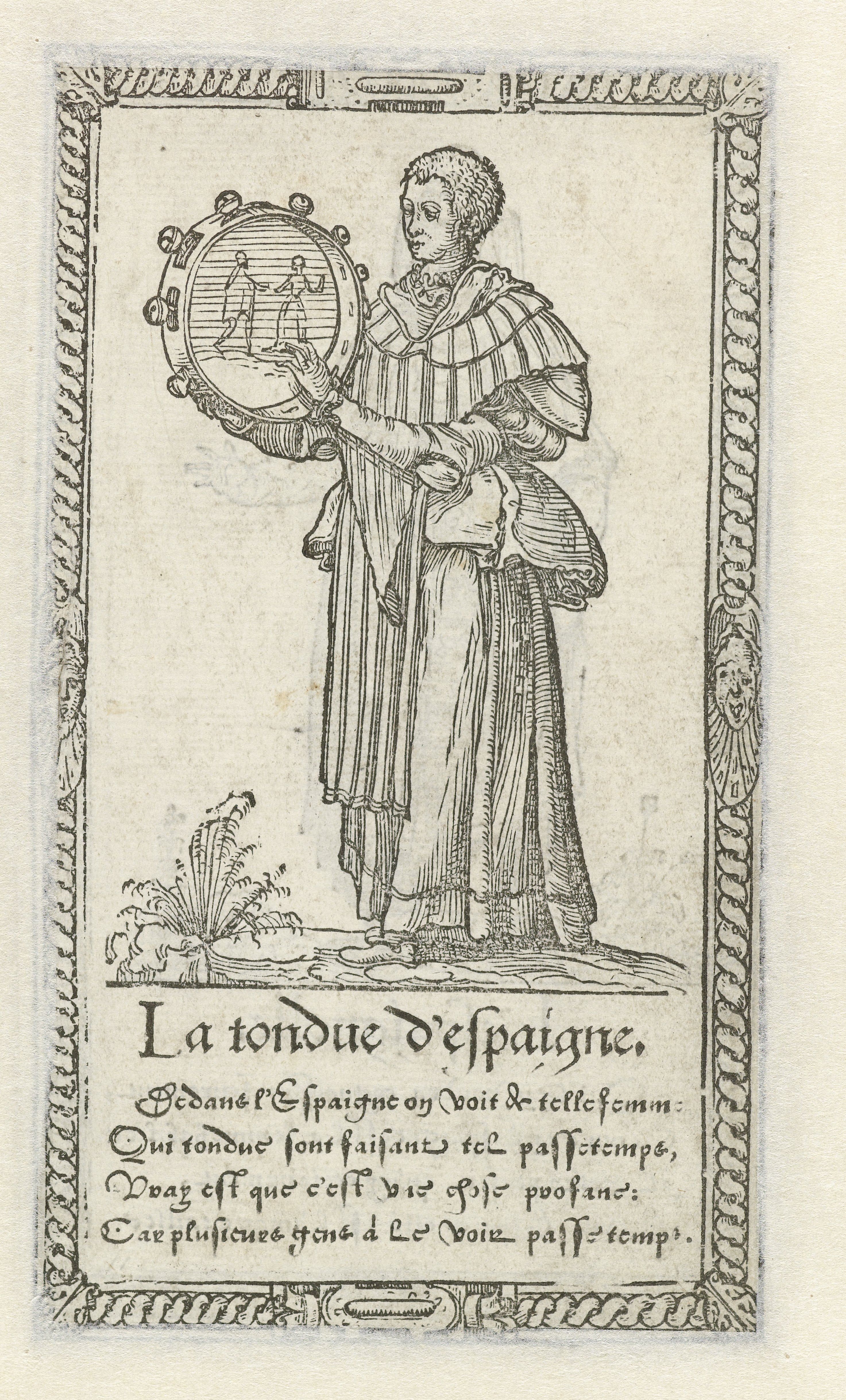 A black and white engraving of a woman holding a circular object, with French text below.