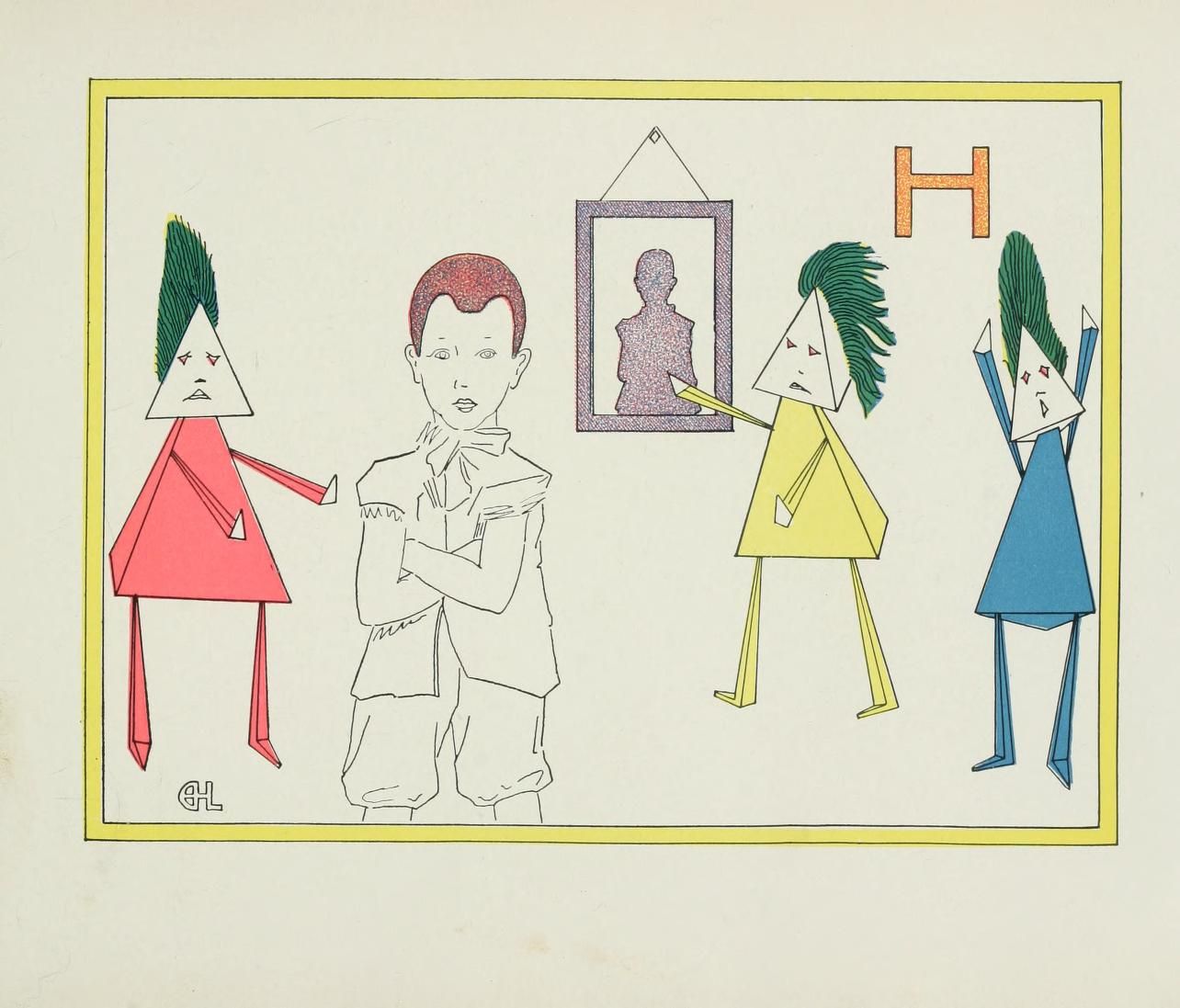 A whimsical illustration featuring four geometric figures and a painting. A boy with crossed arms stands before a painting, while three triangular figures with spiky hair flank him. A large letter 'H' is positioned above one of the figures.