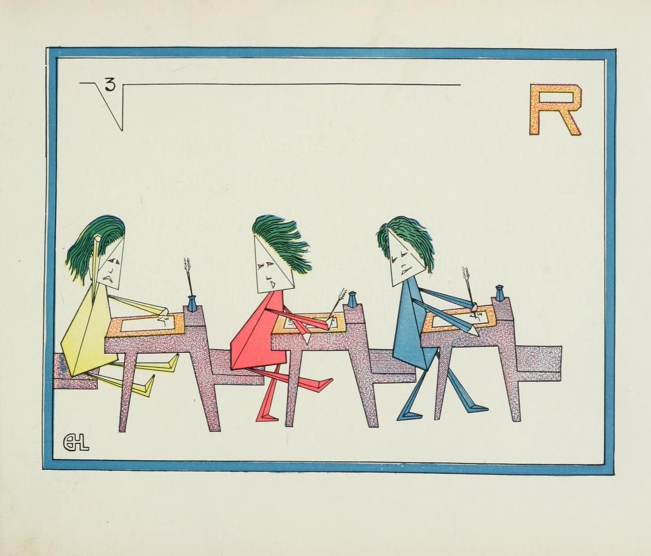 A stylized illustration of three figures seated at a long table, with a letter 'R' and the number '3' in the corners.