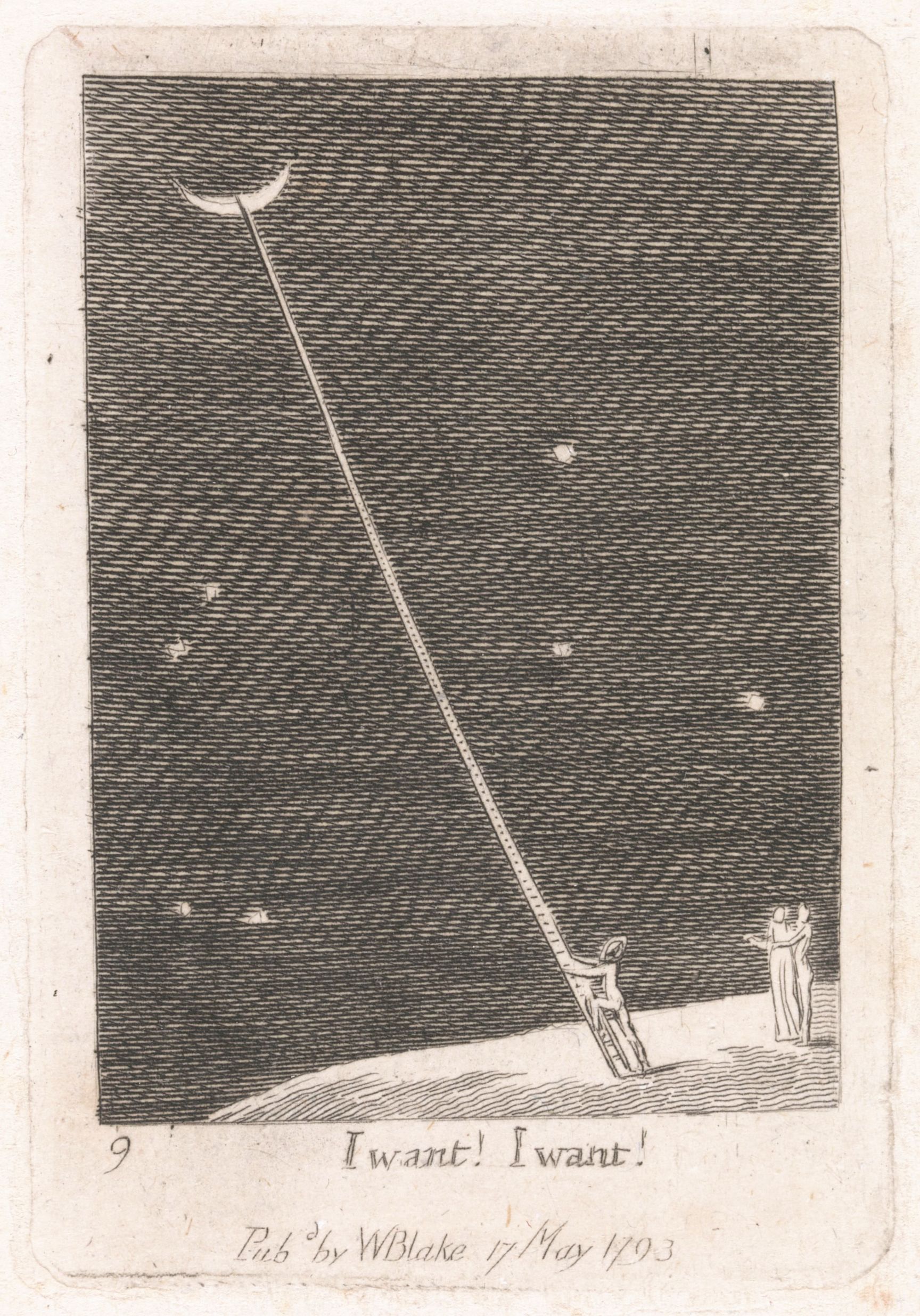 A black and white engraving by William Blake titled 'I want! I want!' depicting a ladder reaching from the moon to a small figure on the ground.