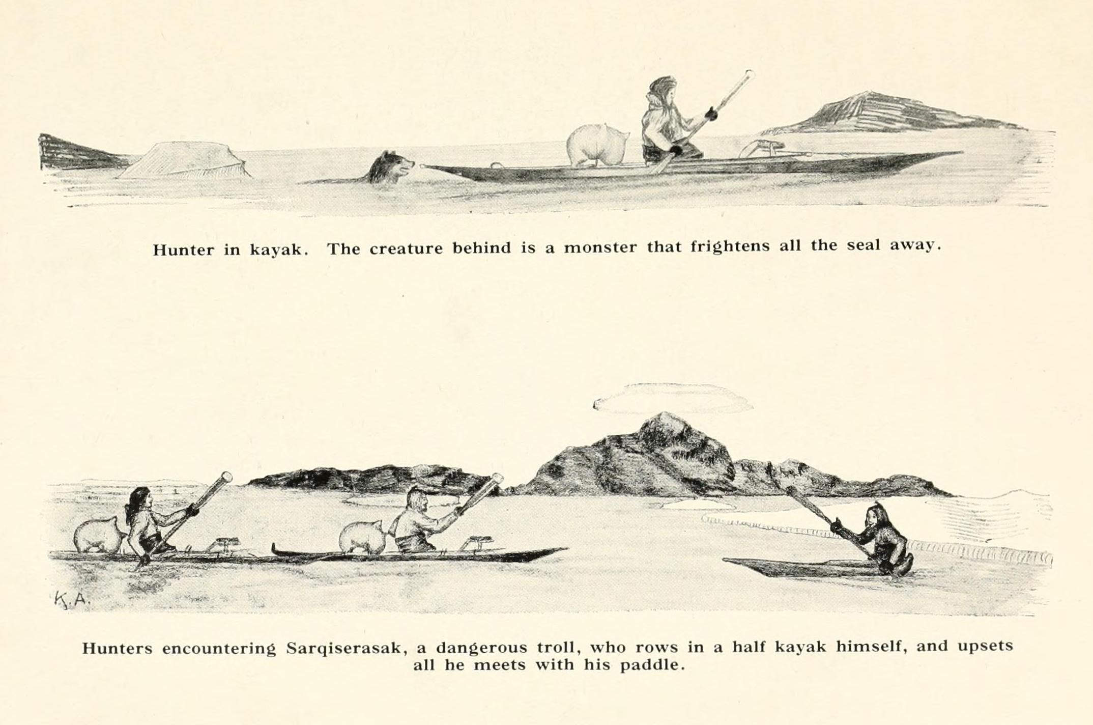 Vintage illustration of hunters in kayaks encountering a monstrous creature and a dangerous troll in a half-kayak.