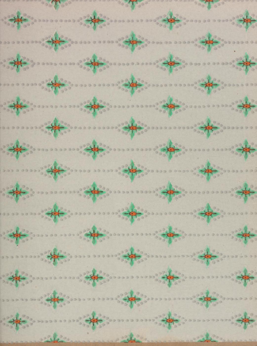 A repeating pattern of teal and orange motifs on a light beige background.