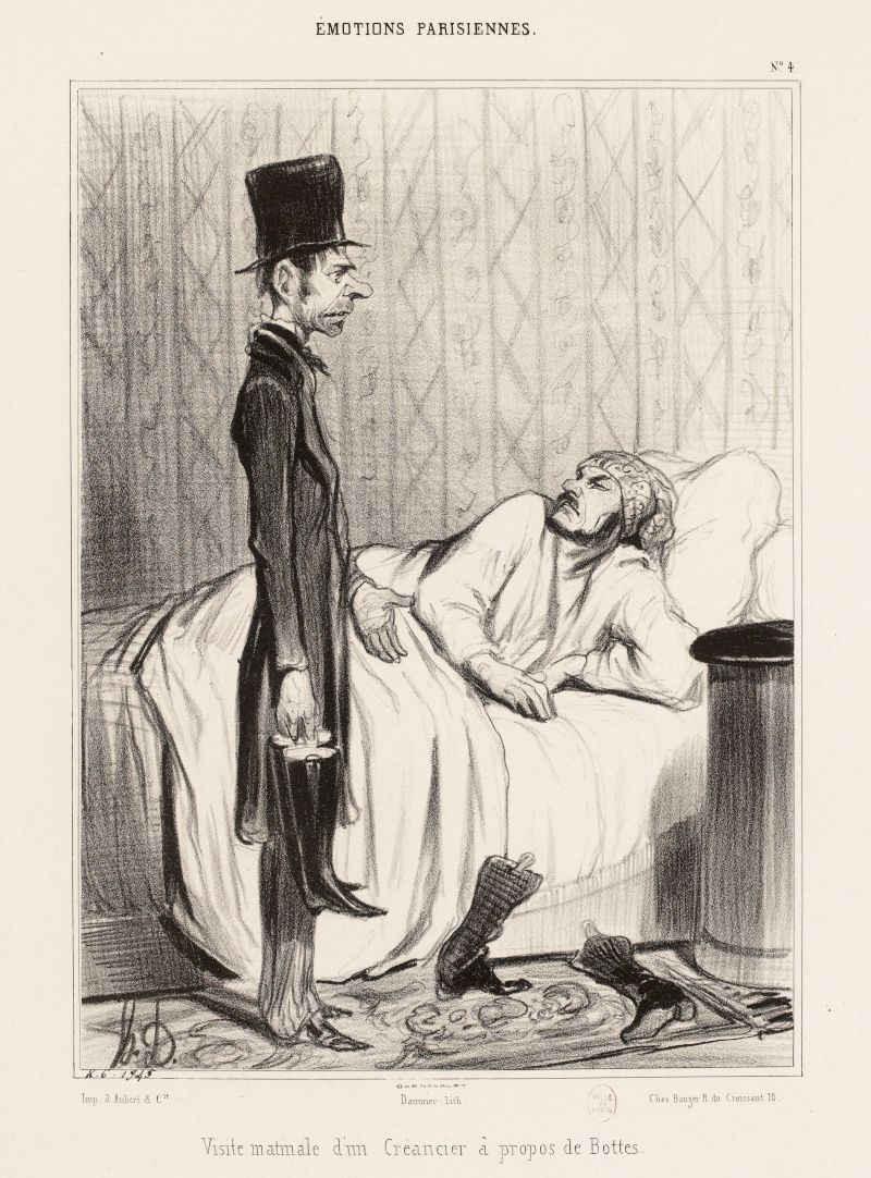 A black and white illustration depicting a creditor visiting a debtor in a messy room.