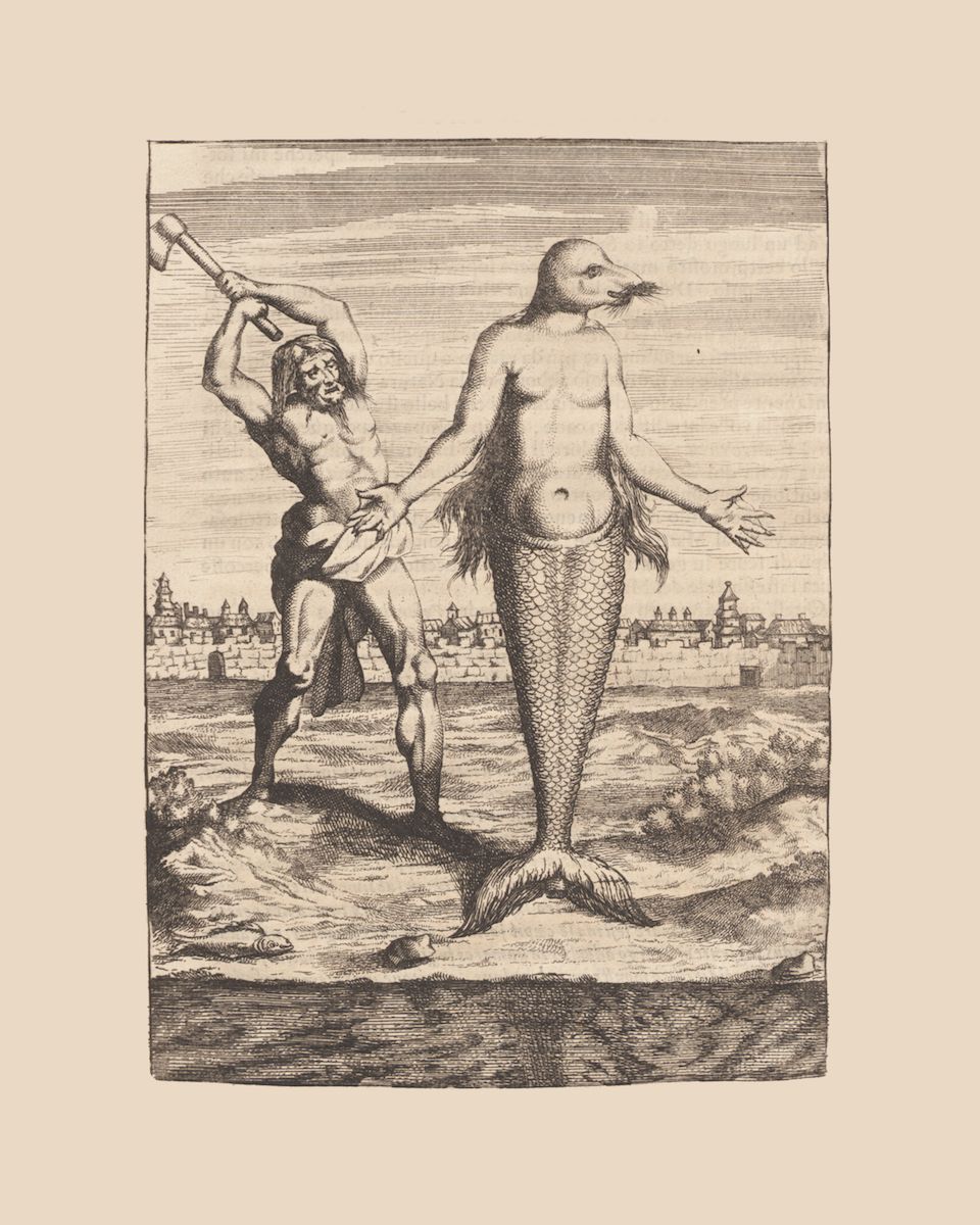 A black and white engraving depicting a man with an axe attacking a mermaid on a shore with a cityscape in the background.