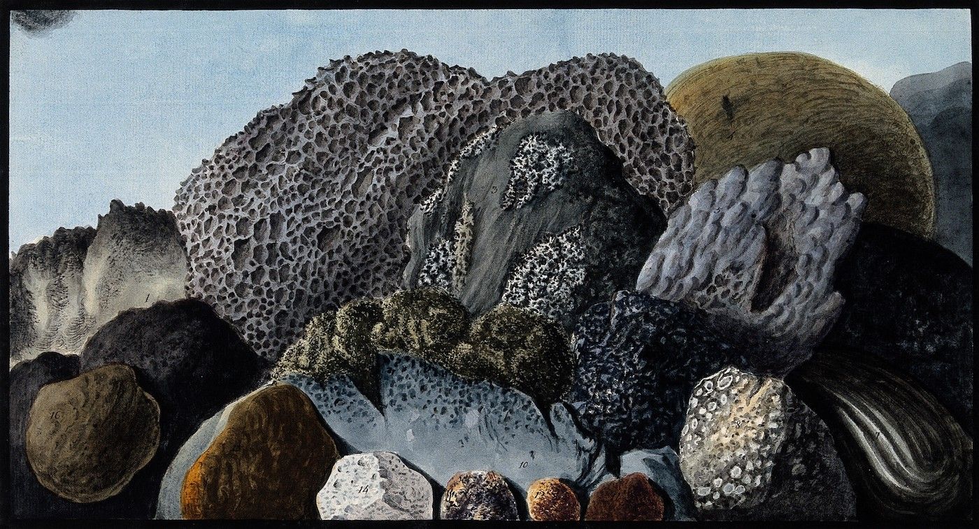 A painting of a pile of rocks and boulders in various sizes and textures.