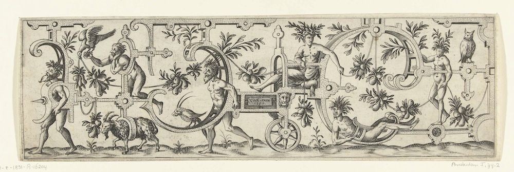 A detailed black and white engraving depicting a chariot pulled by mythological creatures, set against an ornate landscape.
