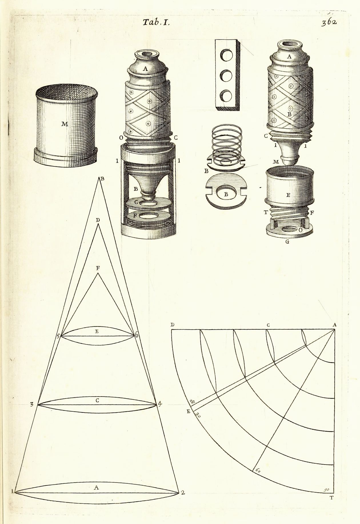 Vintage scientific illustration of a mechanical device and geometric constructions.