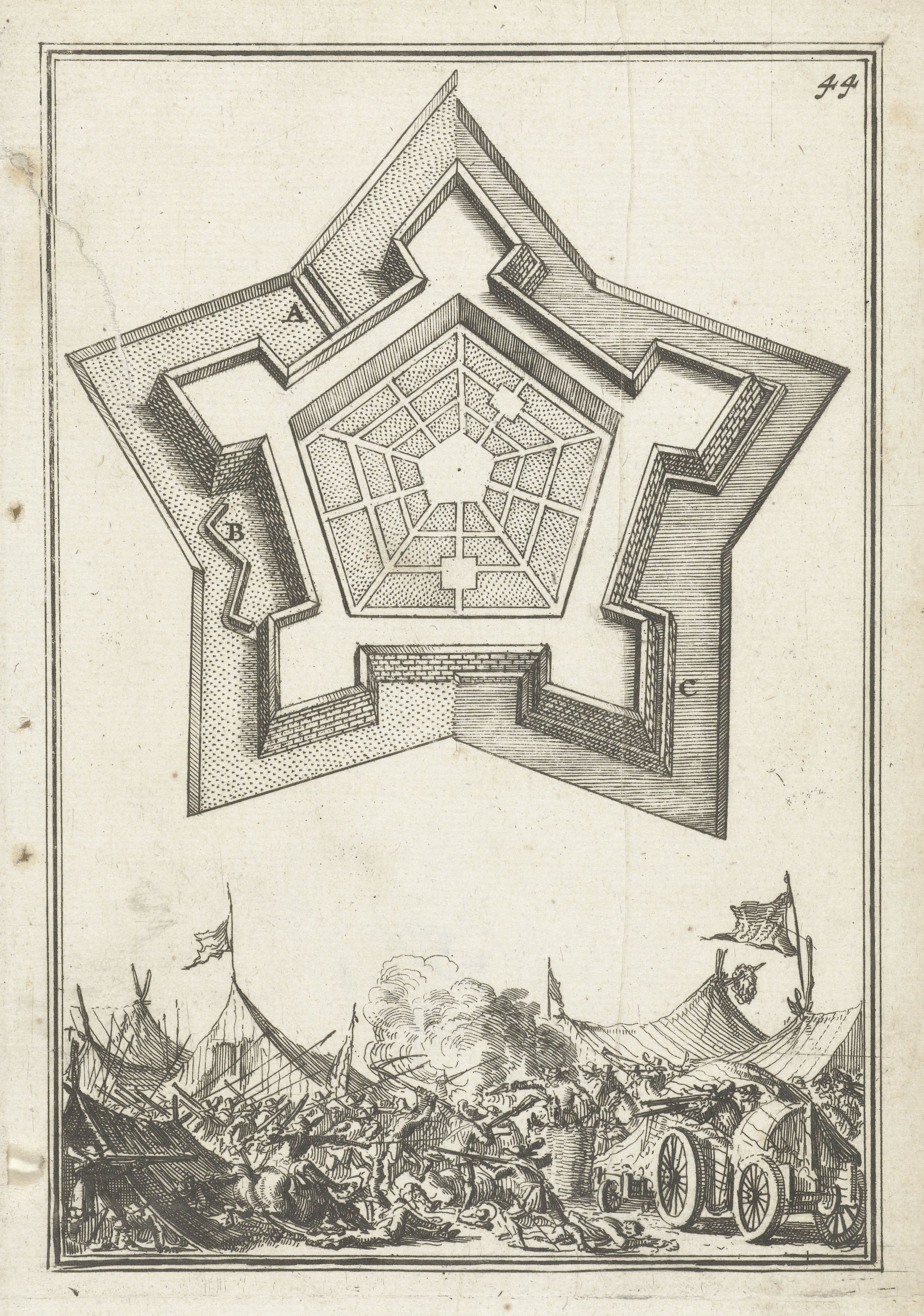 A black and white engraving of a star-shaped fort under siege, with ships, soldiers, and cannons engaged in battle.