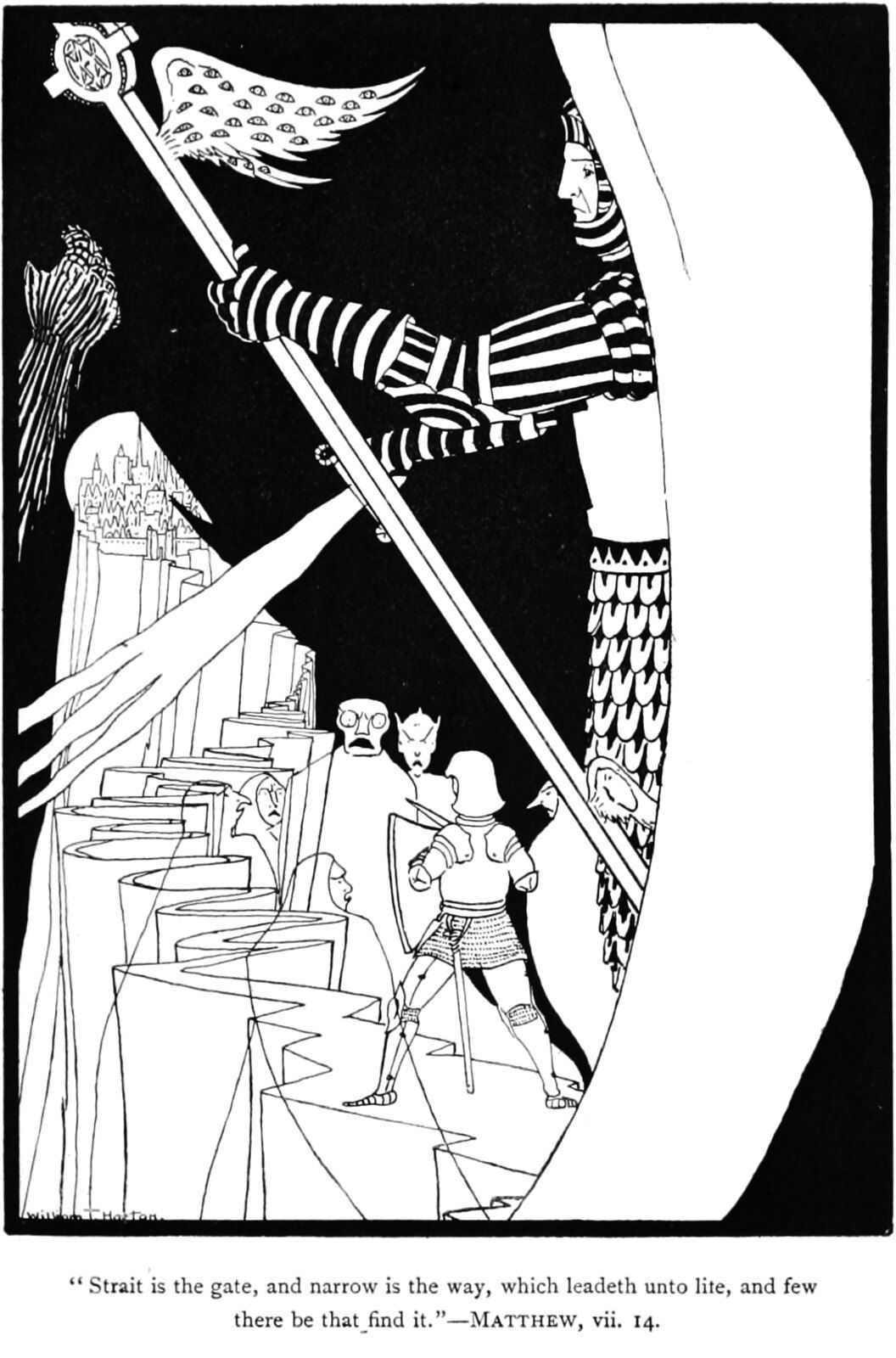 A black and white illustration of a narrow gate with a crowd of people trying to pass through, guarded by a figure in armor. The illustration is accompanied by a quote from Matthew VII, 14.