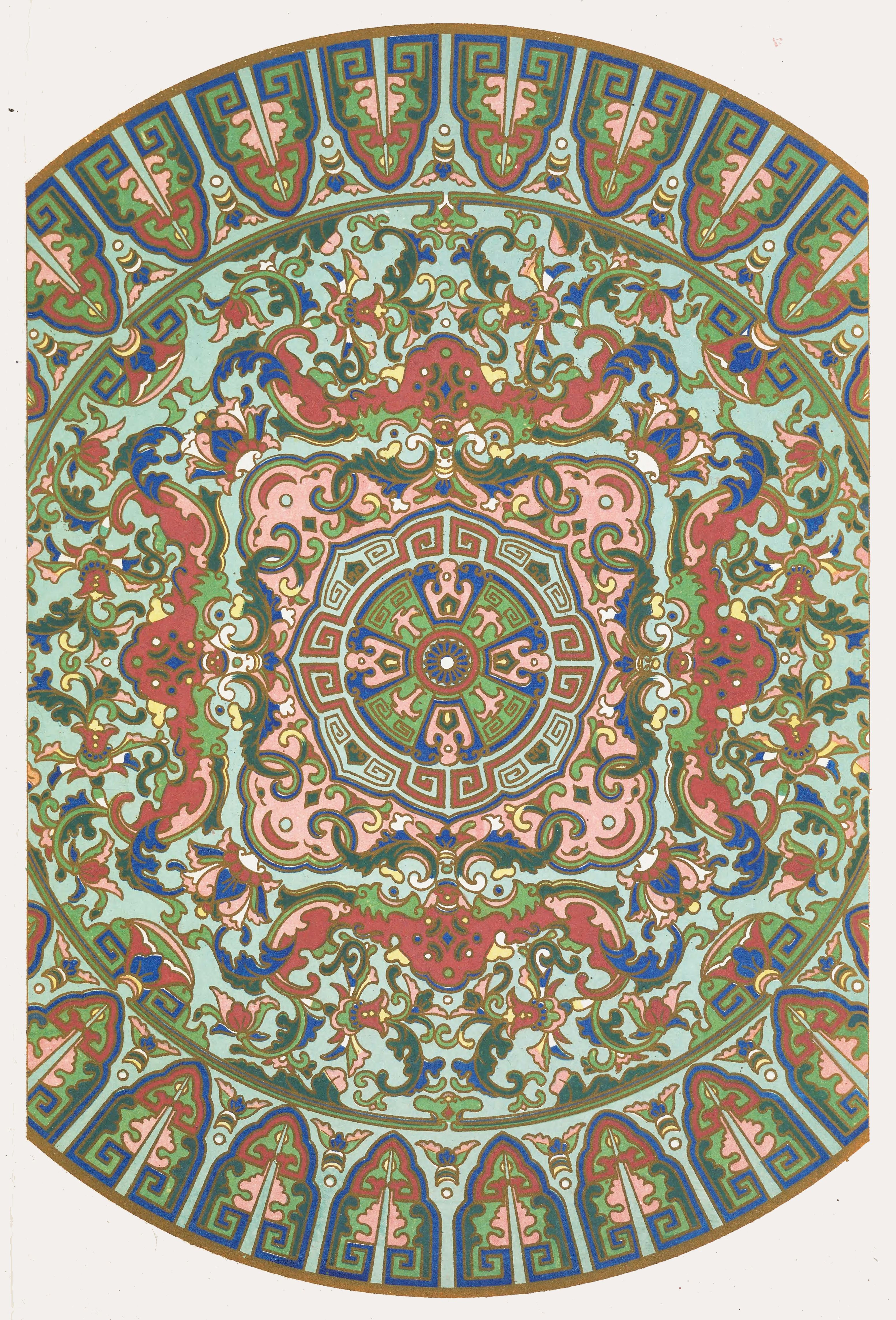 A detailed, circular mandala-like design with intricate patterns in shades of red, pink, green, and turquoise.