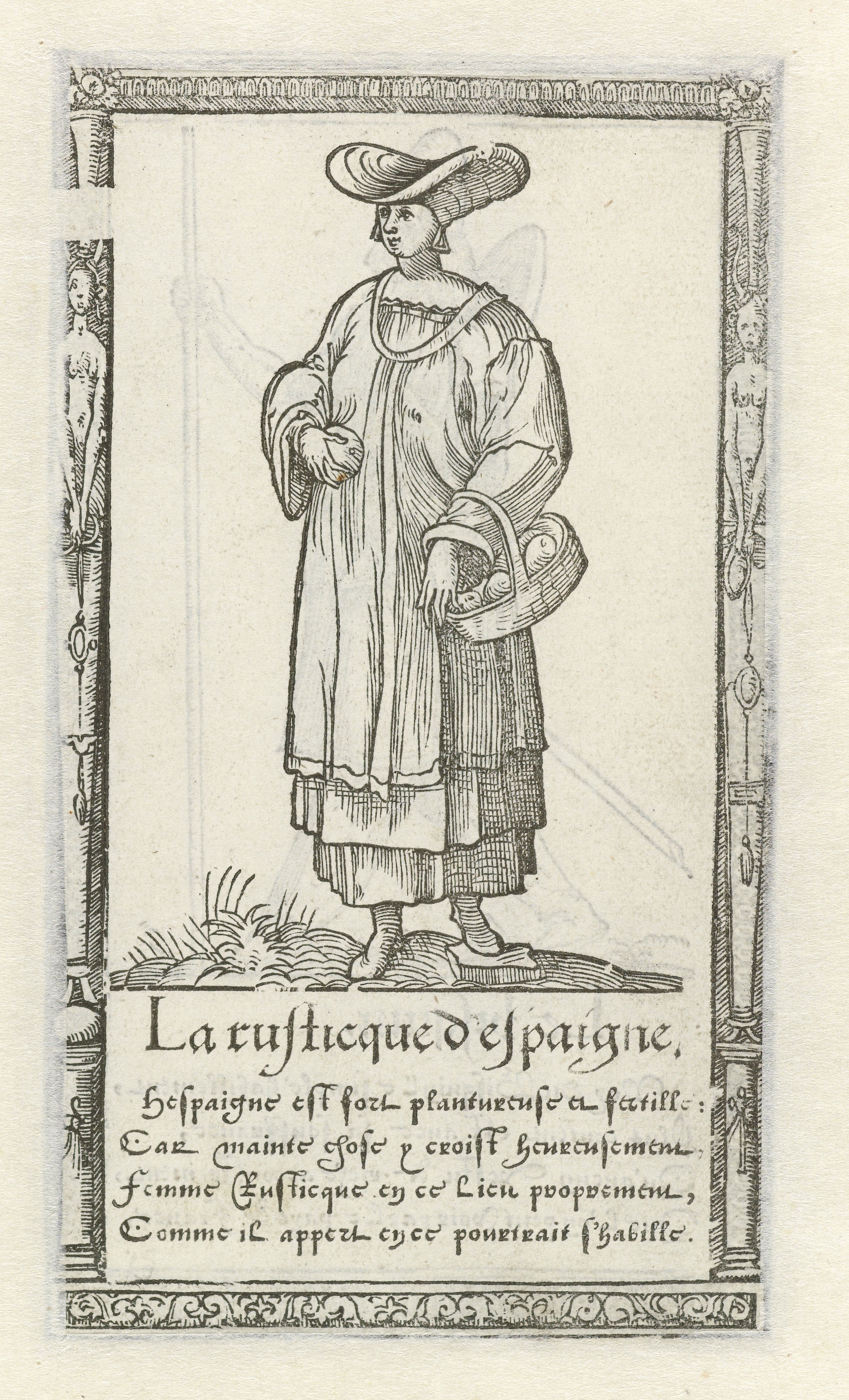 A black and white engraving of a woman in traditional Spanish attire, standing in a field of grass, framed by an ornate border with text below.