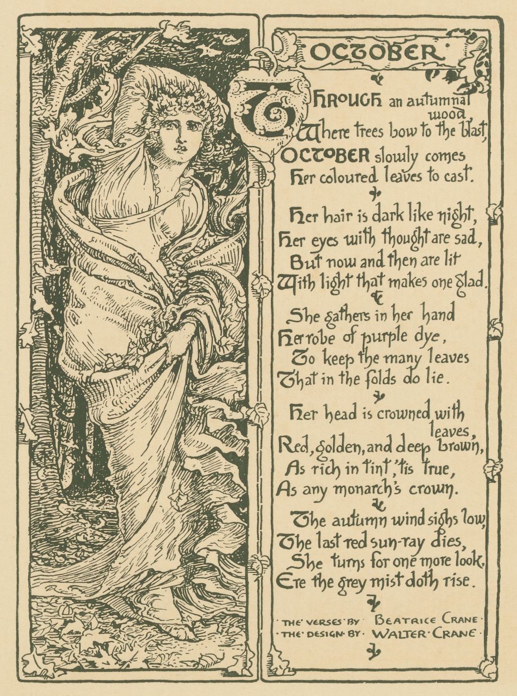 Vintage illustration of a woman embodying October, adorned with autumn leaves and a purple robe, set in an autumnal wood with poetic verses.