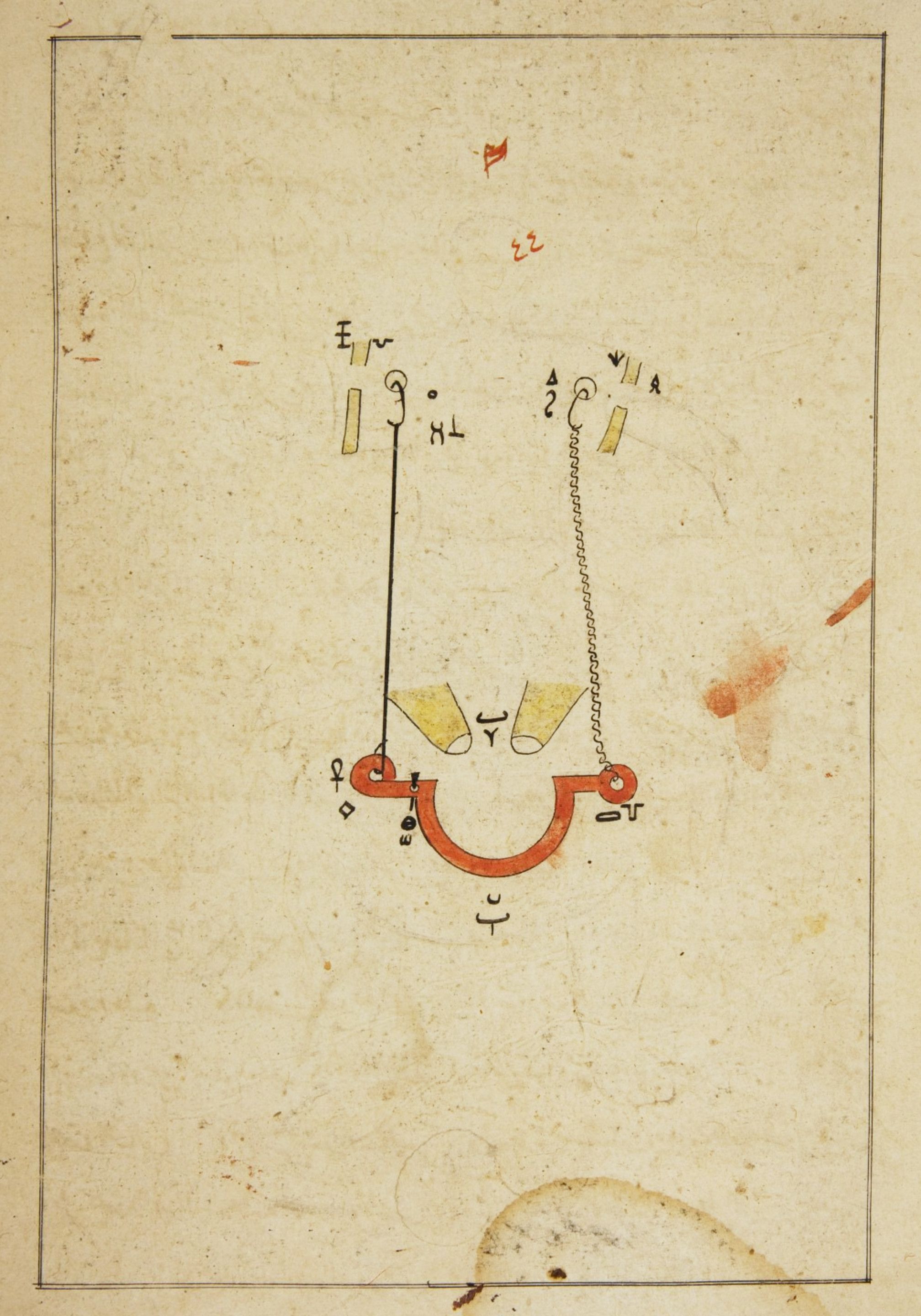 A detailed, aged diagram or illustration from an ancient manuscript or historical document, featuring a hand holding a scroll, an eye, and various symbols and shapes.