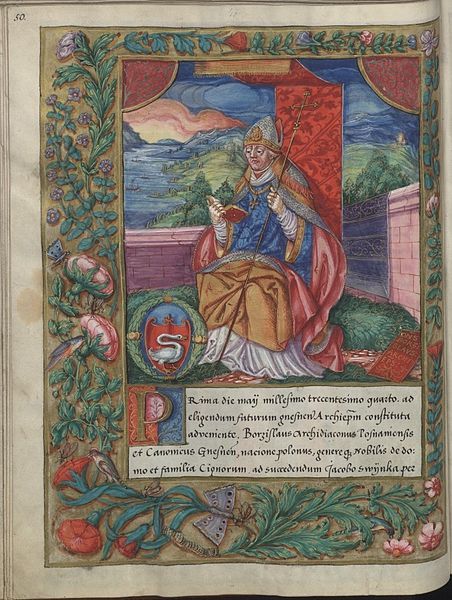 Illuminated manuscript page with a man in robes and a mitre, surrounded by floral borders and Latin text.