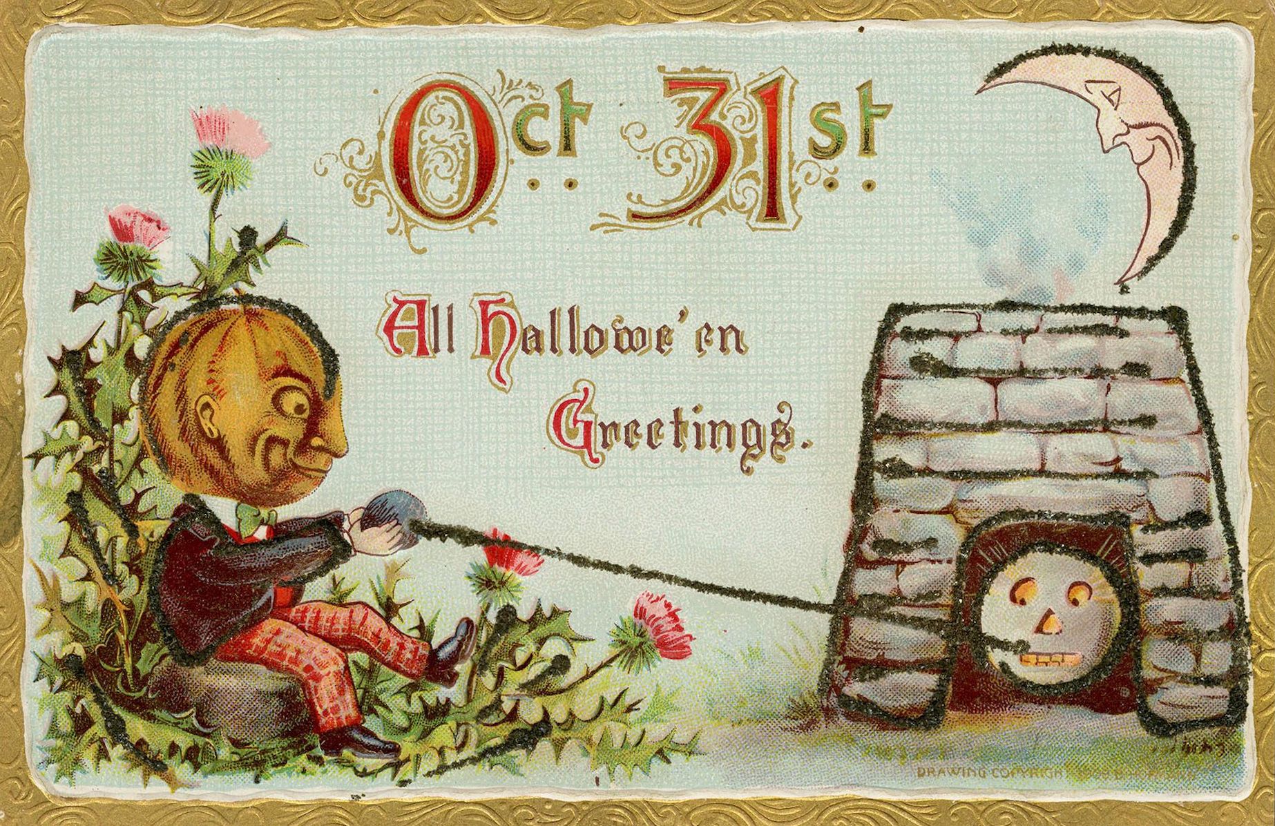 Vintage Halloween greeting card with a pumpkin-headed man pulling on a rope attached to a well, with the text 'Oct 31st All Hallowe'en Greetings'.