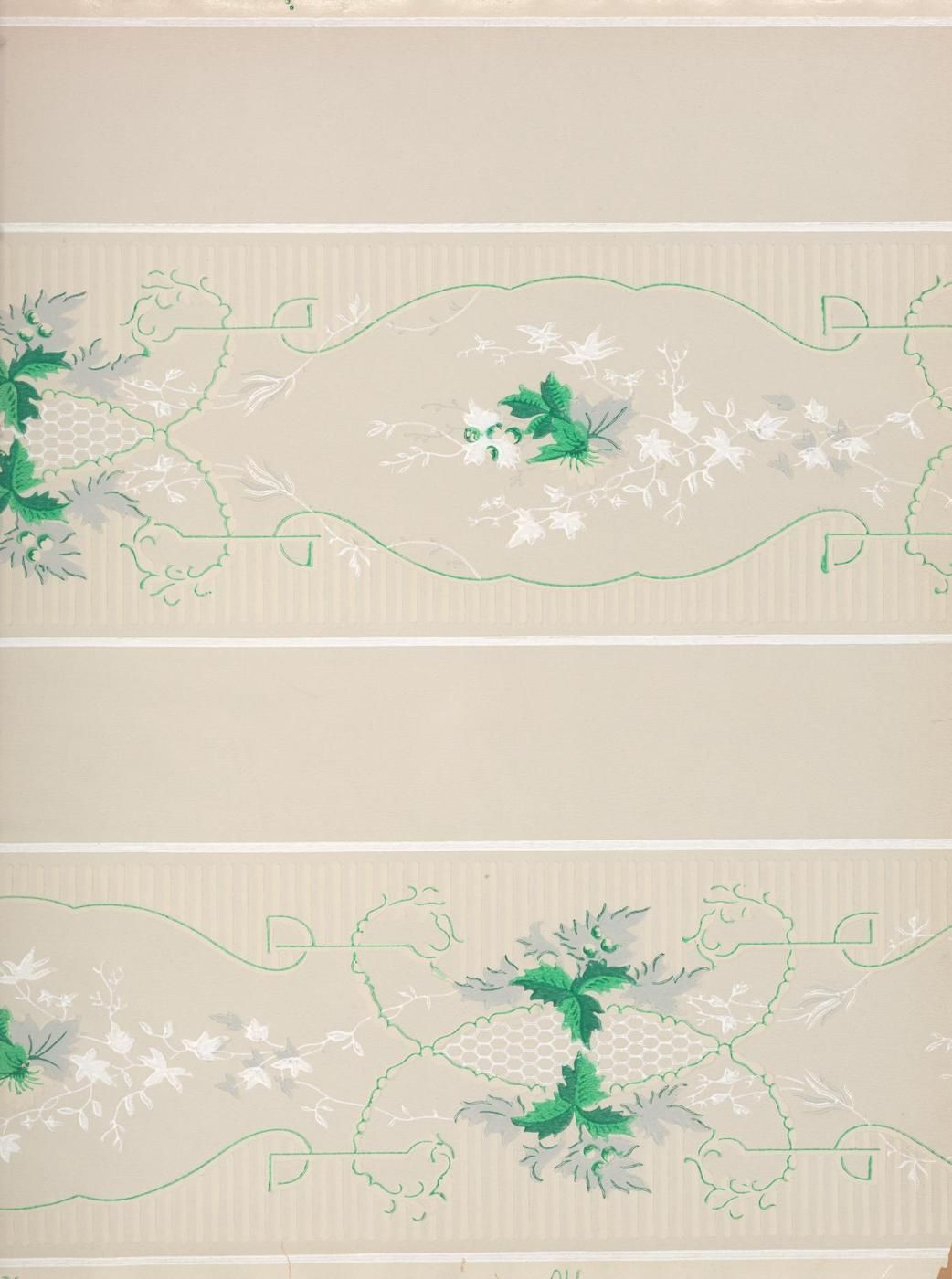 Close-up of a vintage wallpaper pattern with a beige background and repeating floral borders in green and white.