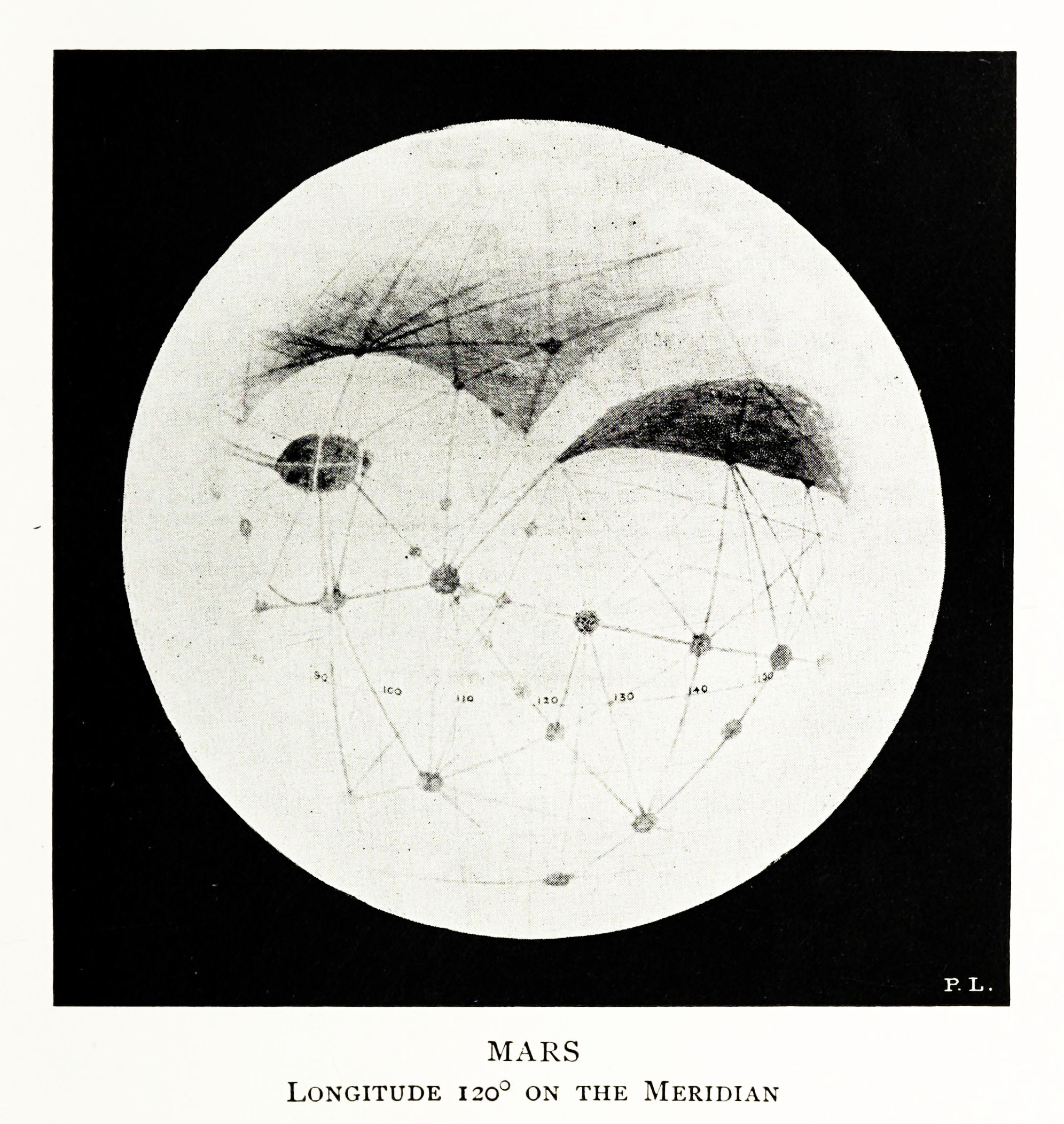 A black and white drawing of the planet Mars, showing its surface features at longitude 120 degrees on the meridian.