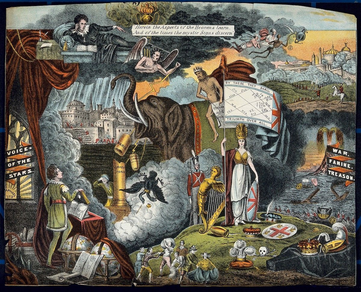 A colorful, detailed lithograph depicting a chaotic and symbolic scene. The composition is crowded with figures and elements, suggesting a tumultuous period.