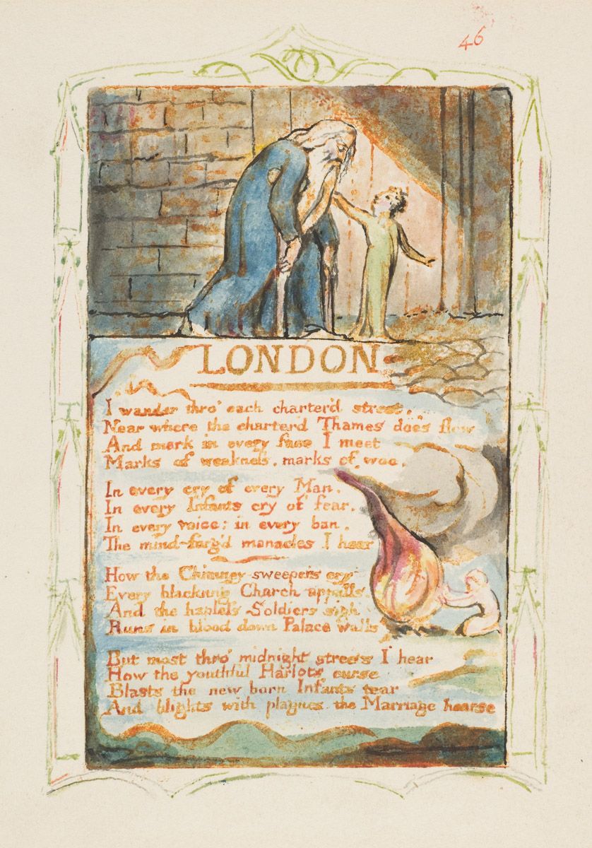 A page from William Blake's illuminated book, 'Songs of Innocence and of Experience', depicting a somber scene with a cloaked figure and handwritten text.