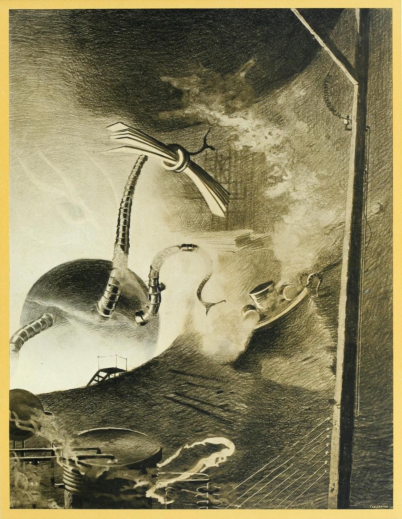 A black and white drawing of a mechanical aircraft hovering over a cityscape, framed by a window. The scene is dark and dramatic, with strong contrasts between light and shadow.